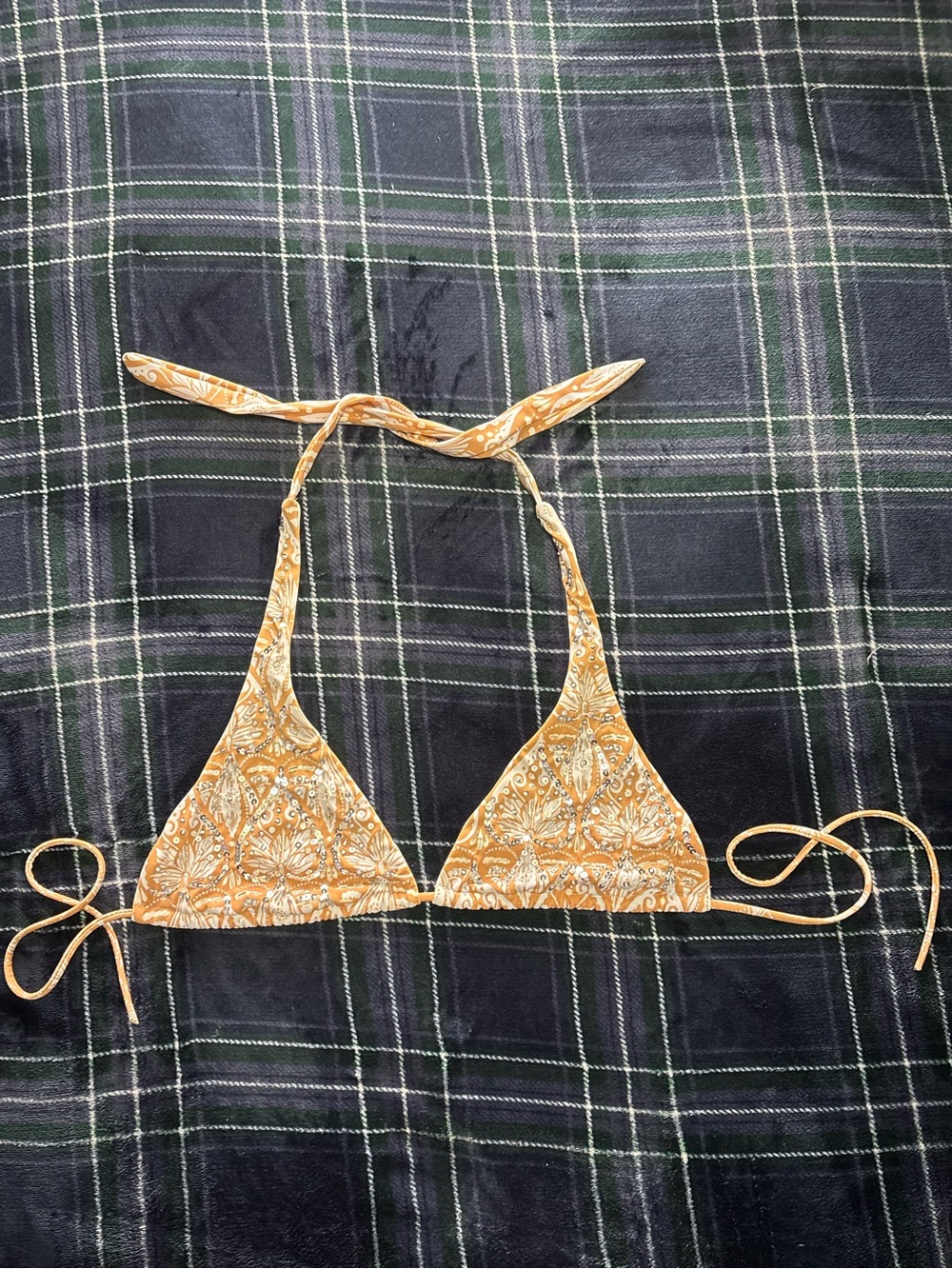 Victoria's Secret Brown&baby blue halter tie bikini top w/sequencing details.M